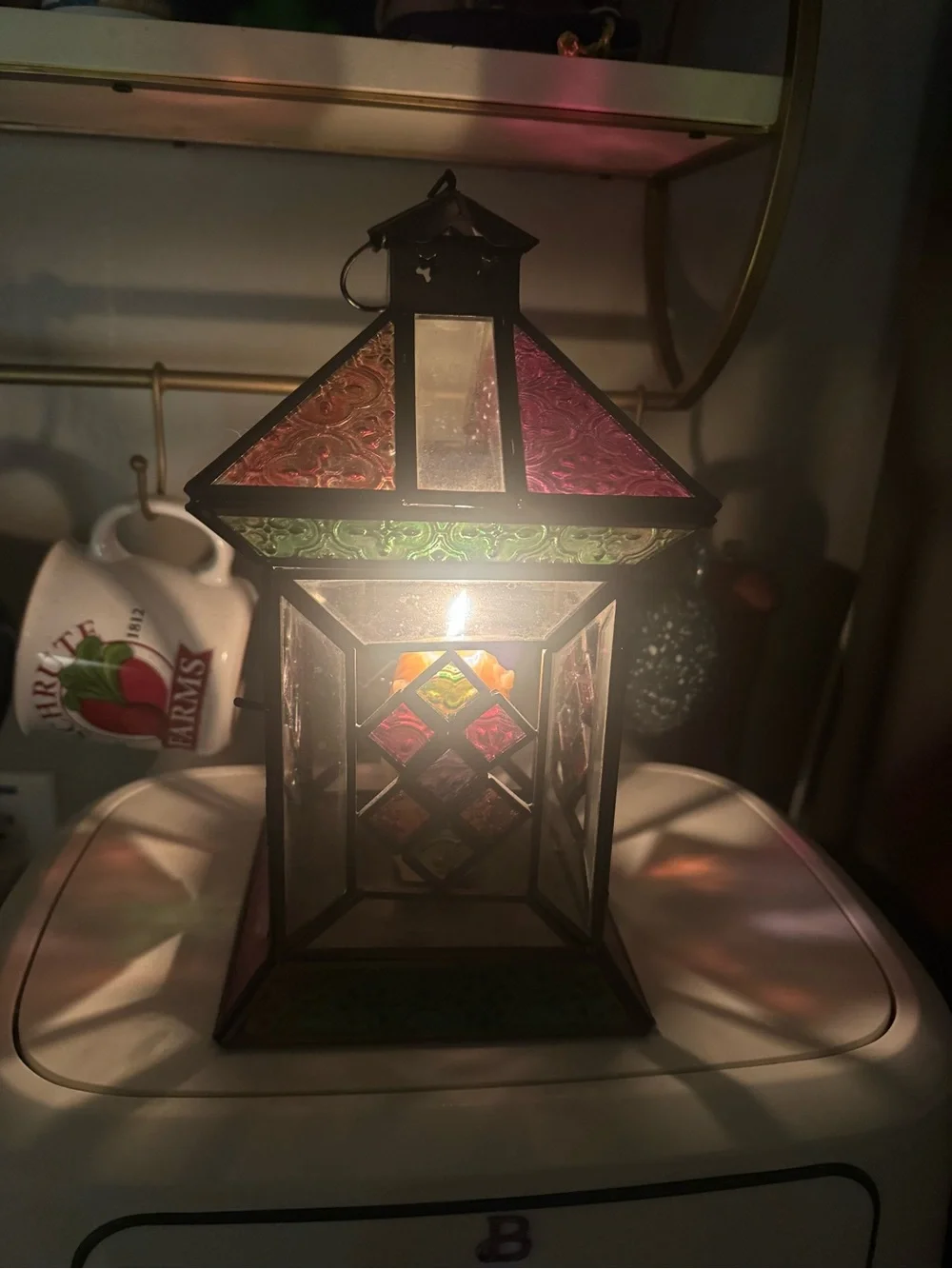 VTG Stained Glass Style Candle Lantern Multicolored Glass Metal Made In India
